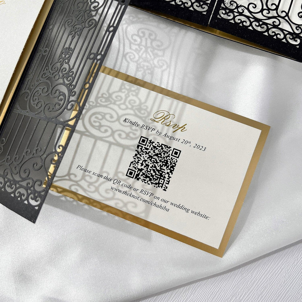 Luxury Black and Gold Gatefold Wedding Invitation, Vintage Retro Iron Gate Laser Cut Wedding Invitations, Gold Foil Lined Invites with Customized Vellum Belly Band Picky Bride