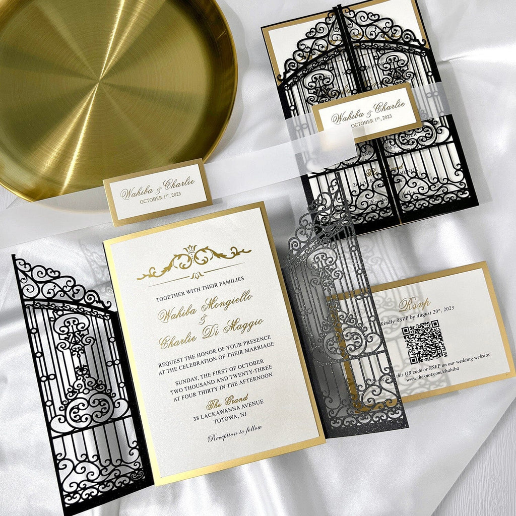 Luxury Black and Gold Gatefold Wedding Invitation, Vintage Retro Iron Gate Laser Cut Wedding Invitations, Gold Foil Lined Invites with Customized Vellum Belly Band Picky Bride