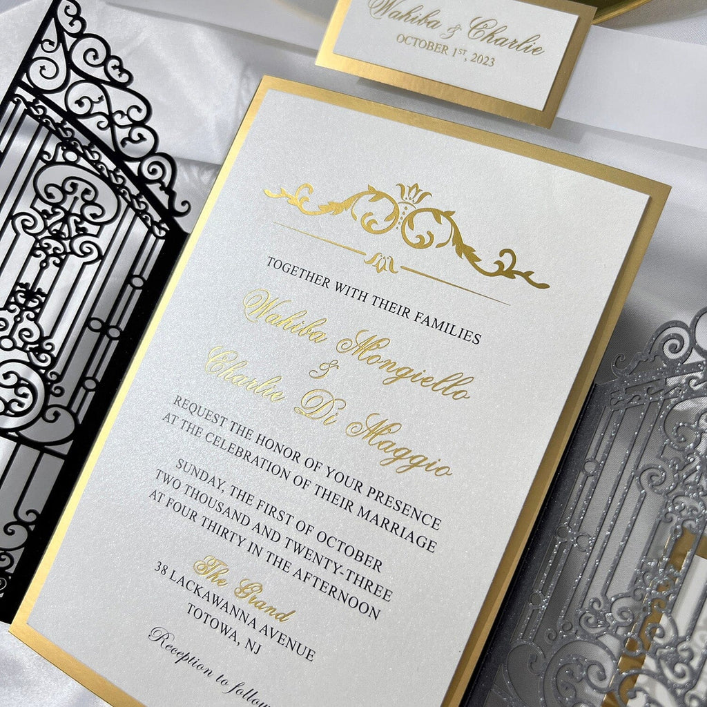 Luxury Black and Gold Gatefold Wedding Invitation, Vintage Retro Iron Gate Laser Cut Wedding Invitations, Gold Foil Lined Invites with Customized Vellum Belly Band Picky Bride