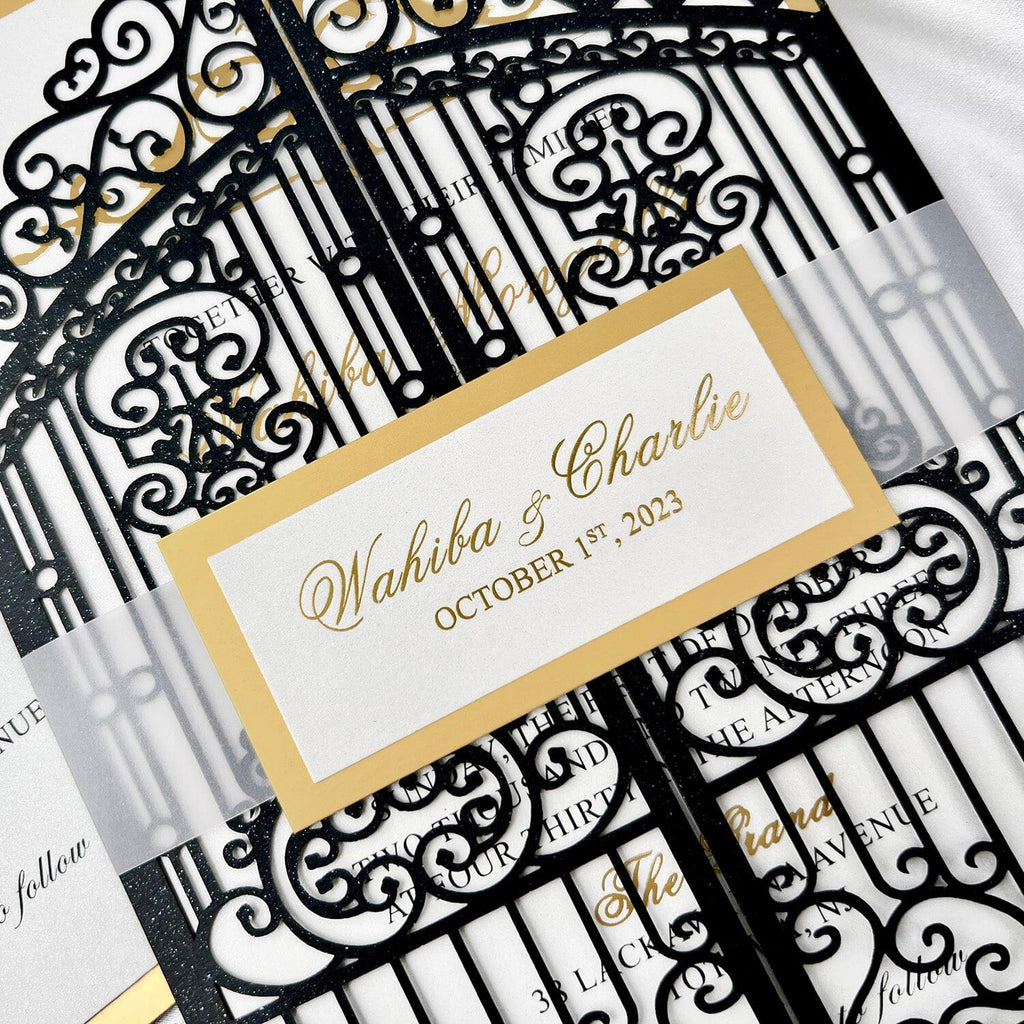 Luxury Black and Gold Gatefold Wedding Invitation, Vintage Retro Iron Gate Laser Cut Wedding Invitations, Gold Foil Lined Invites with Customized Vellum Belly Band Picky Bride