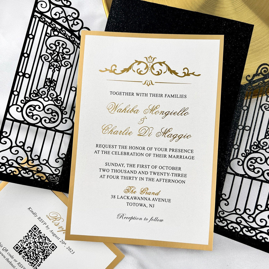 Luxury Black and Gold Gatefold Wedding Invitation, Vintage Retro Iron Gate Laser Cut Wedding Invitations, Gold Foil Lined Invites with Customized Vellum Belly Band Picky Bride