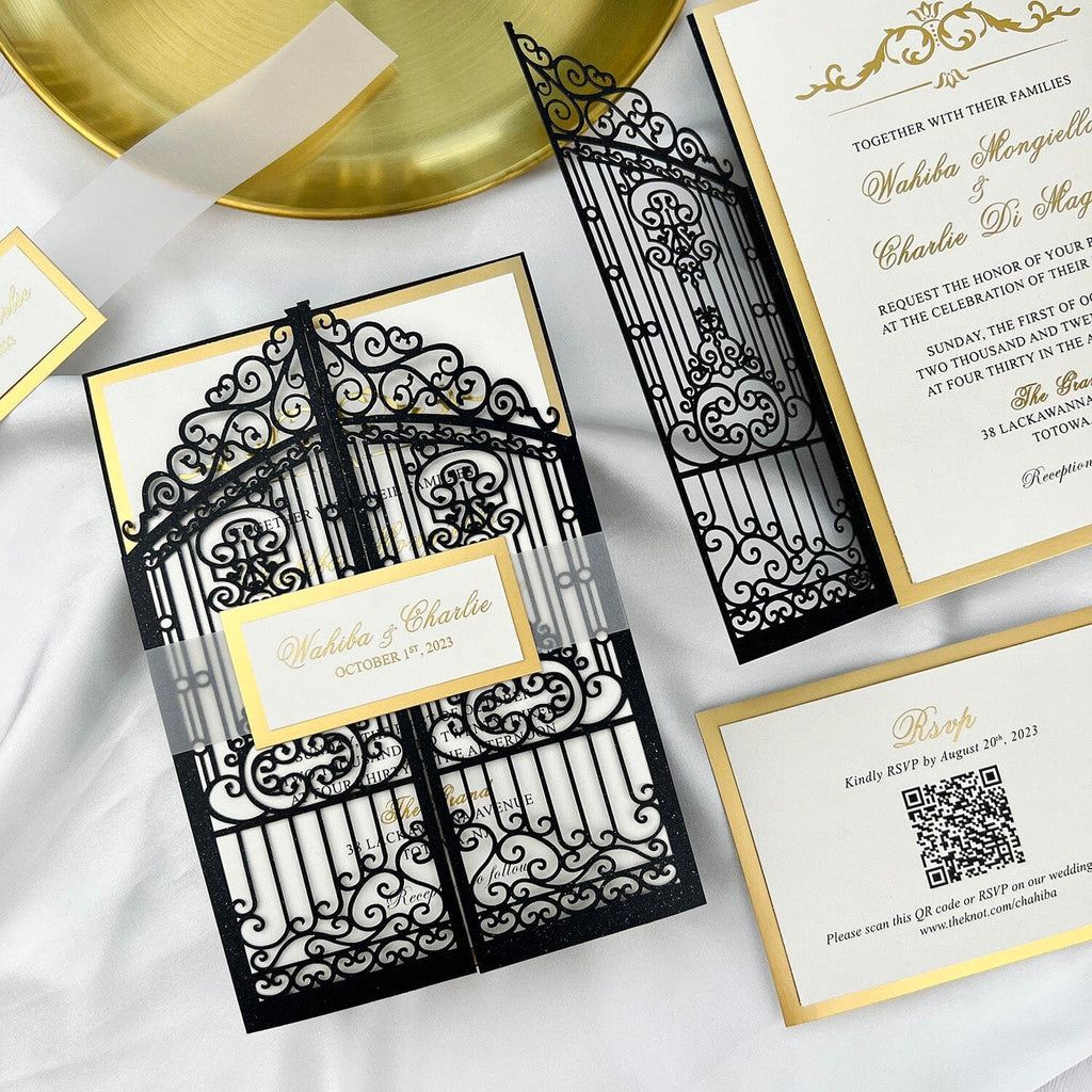 Luxury Black and Gold Gatefold Wedding Invitation, Vintage Retro Iron Gate Laser Cut Wedding Invitations, Gold Foil Lined Invites with Customized Vellum Belly Band Picky Bride
