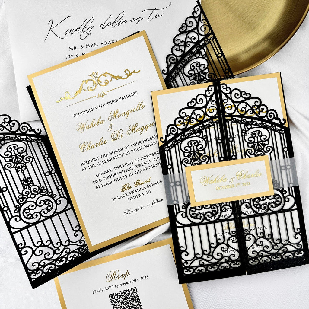 Luxury Black and Gold Gatefold Wedding Invitation, Vintage Retro Iron Gate Laser Cut Wedding Invitations, Gold Foil Lined Invites with Customized Vellum Belly Band Picky Bride