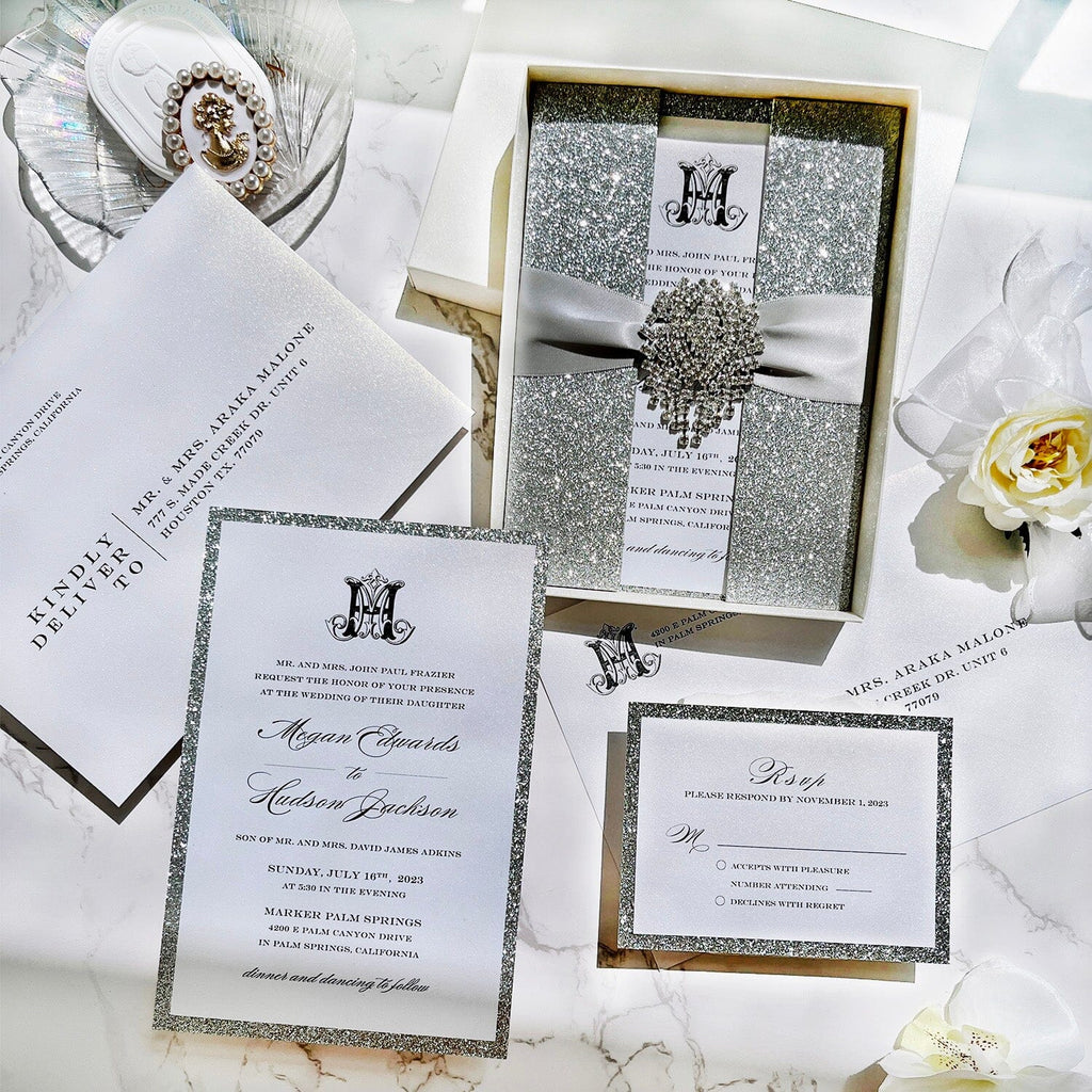 Luxury Glitter Silver and Gold Foil Boxed Wedding Invitations, Elegant Glitter Double-layer Invites with Diamonds, Customized Monogram Invitation with RSVP Picky Bride