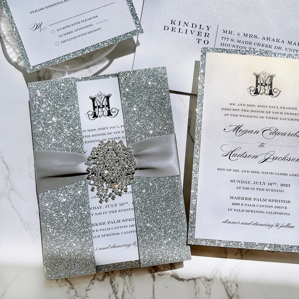 Luxury Glitter Silver and Gold Foil Boxed Wedding Invitations, Elegant Glitter Double-layer Invites with Diamonds, Customized Monogram Invitation with RSVP Picky Bride