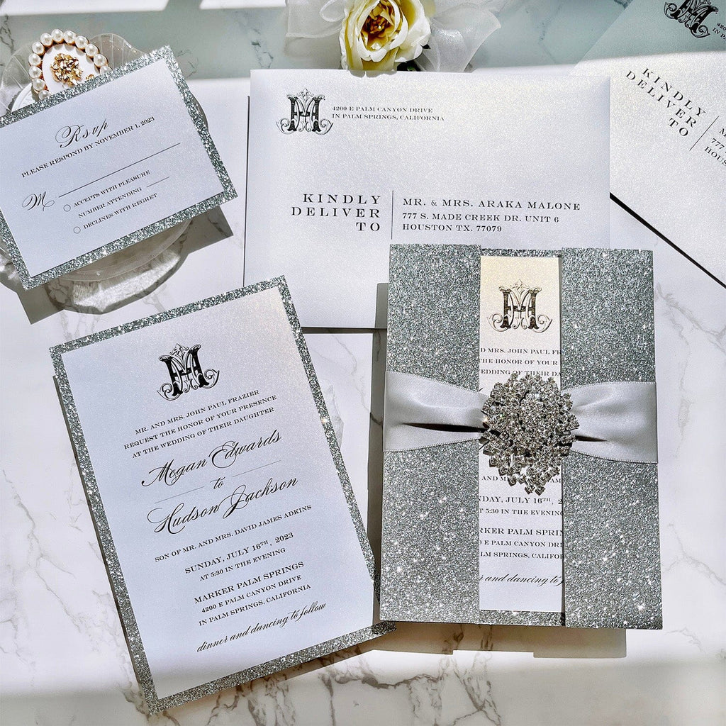 Luxury Glitter Silver and Gold Foil Boxed Wedding Invitations, Elegant Glitter Double-layer Invites with Diamonds, Customized Monogram Invitation with RSVP Picky Bride