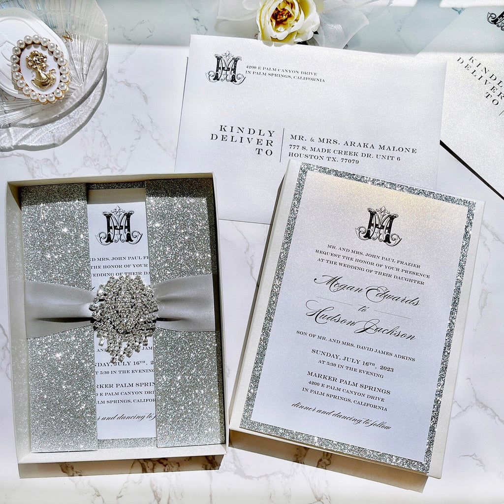 Luxury Glitter Silver and Gold Foil Boxed Wedding Invitations, Elegant Glitter Double-layer Invites with Diamonds, Customized Monogram Invitation with RSVP Picky Bride