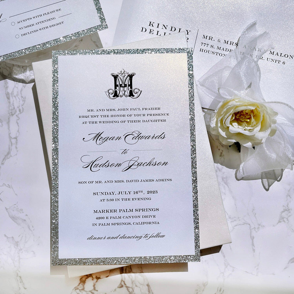Luxury Glitter Silver and Gold Foil Boxed Wedding Invitations, Elegant Glitter Double-layer Invites with Diamonds, Customized Monogram Invitation with RSVP Picky Bride