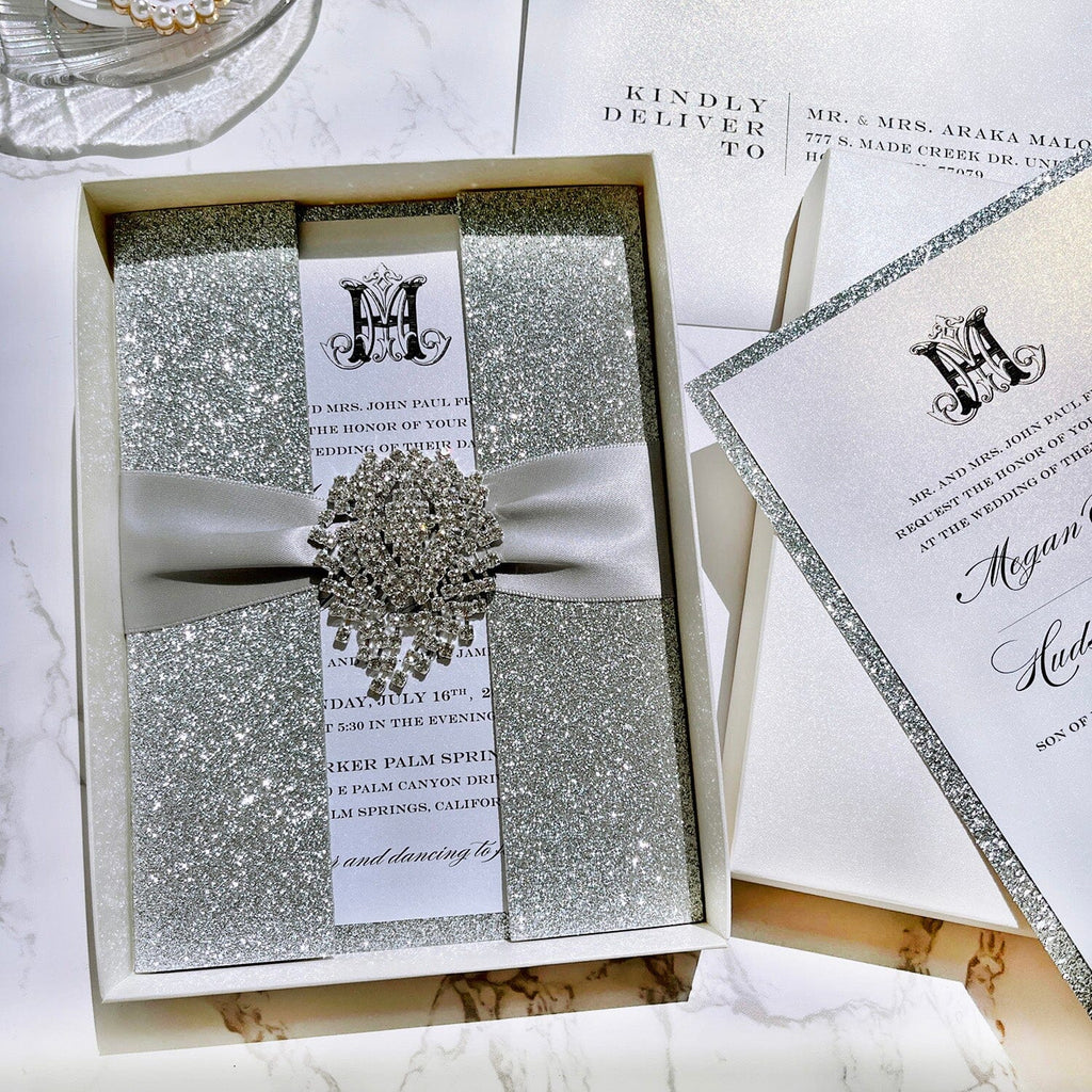 Luxury Glitter Silver and Gold Foil Boxed Wedding Invitations, Elegant Glitter Double-layer Invites with Diamonds, Customized Monogram Invitation with RSVP Picky Bride