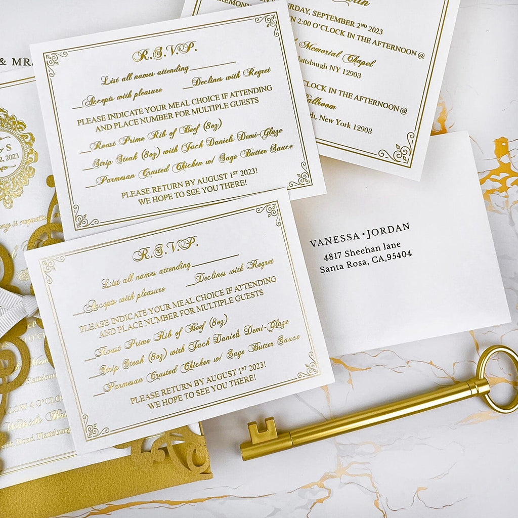 Luxury Gold and Ivory Wedding Invitations, Elegant Lace Laser Cut Wedding Invites, Personalized Gold Foil Monogram Invitation and Matched RSVP Wedding Ceremony Supplies Picky Bride