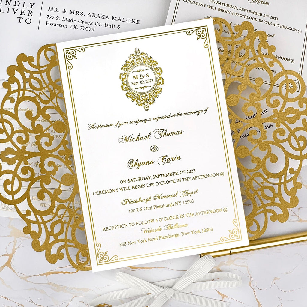 Luxury Gold and Ivory Wedding Invitations, Elegant Lace Laser Cut Wedding Invites, Personalized Gold Foil Monogram Invitation and Matched RSVP Wedding Ceremony Supplies Picky Bride