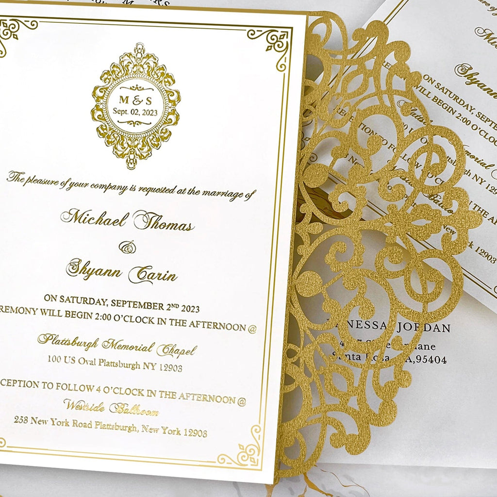 Luxury Gold and Ivory Wedding Invitations, Elegant Lace Laser Cut Wedding Invites, Personalized Gold Foil Monogram Invitation and Matched RSVP Wedding Ceremony Supplies Picky Bride