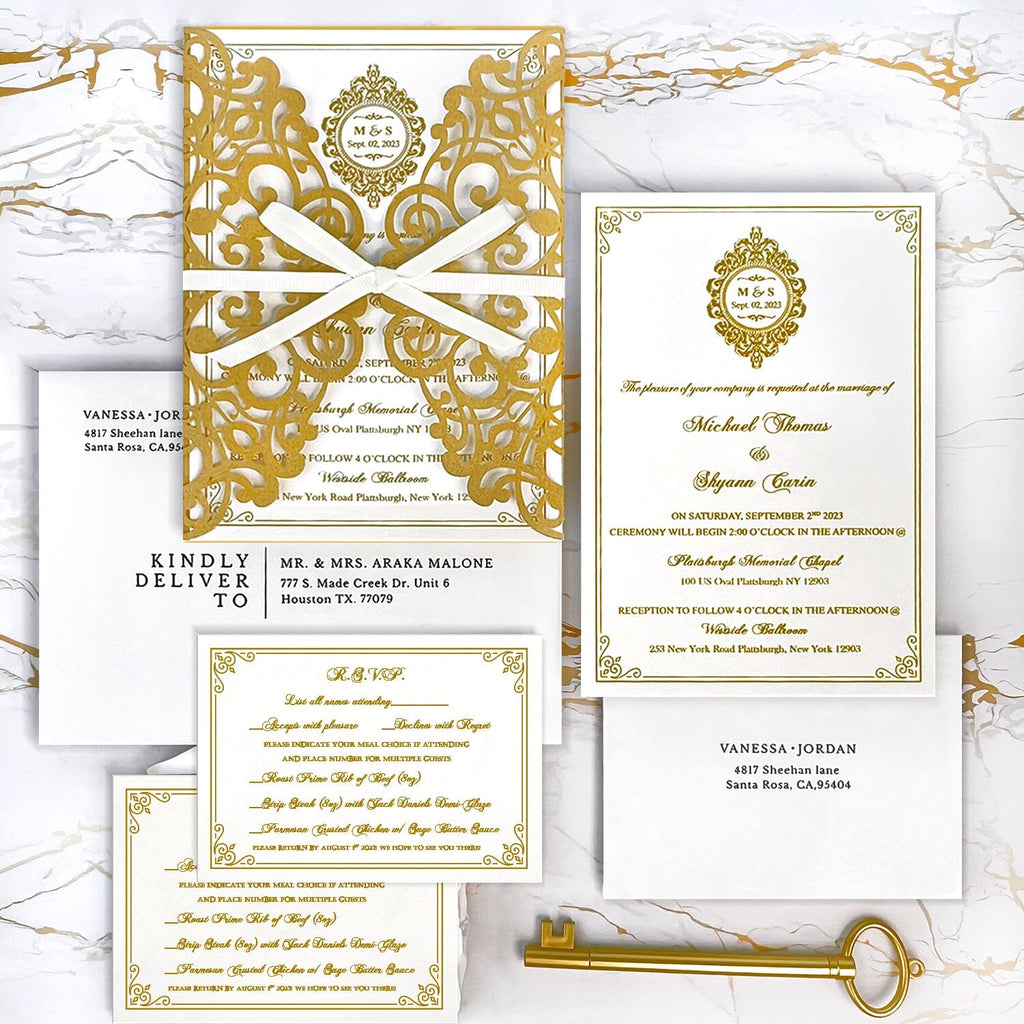 Luxury Gold and Ivory Wedding Invitations, Elegant Lace Laser Cut Wedding Invites, Personalized Gold Foil Monogram Invitation and Matched RSVP Wedding Ceremony Supplies Picky Bride