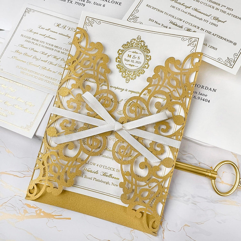 Luxury Gold and Ivory Wedding Invitations, Elegant Lace Laser Cut Wedding Invites, Personalized Gold Foil Monogram Invitation and Matched RSVP Wedding Ceremony Supplies Picky Bride
