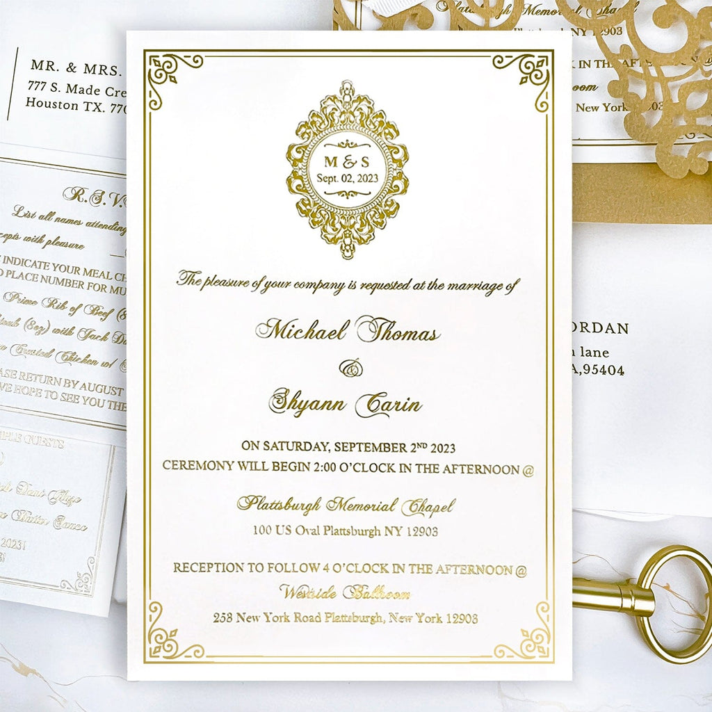 Luxury Gold and Ivory Wedding Invitations, Elegant Lace Laser Cut Wedding Invites, Personalized Gold Foil Monogram Invitation and Matched RSVP Wedding Ceremony Supplies Picky Bride