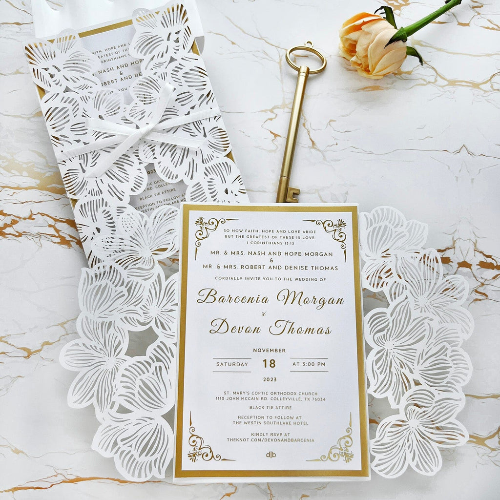 Luxury Gold and White Floral Wedding Invitations, Elegant Botanical Lace Laser Cut Covers and Double-layer Cards Invites Wedding Ceremony Supplies Picky Bride