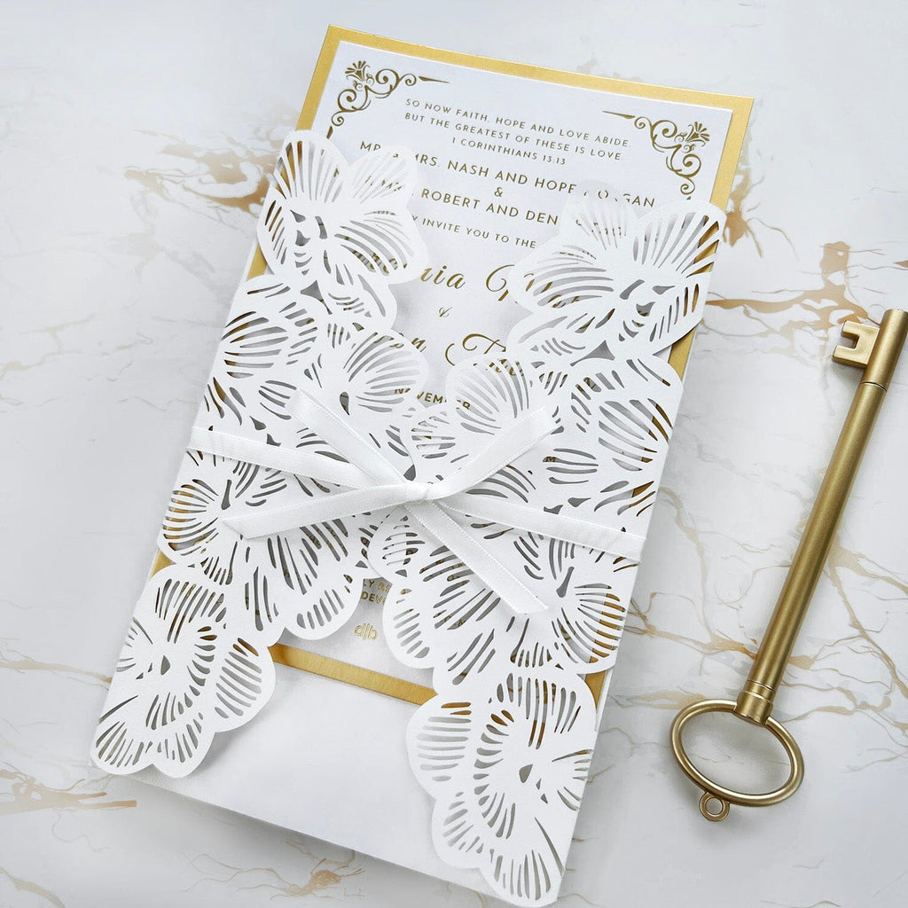 Luxury Gold and White Floral Wedding Invitations, Elegant Botanical Lace Laser Cut Covers and Double-layer Cards Invites Wedding Ceremony Supplies Picky Bride