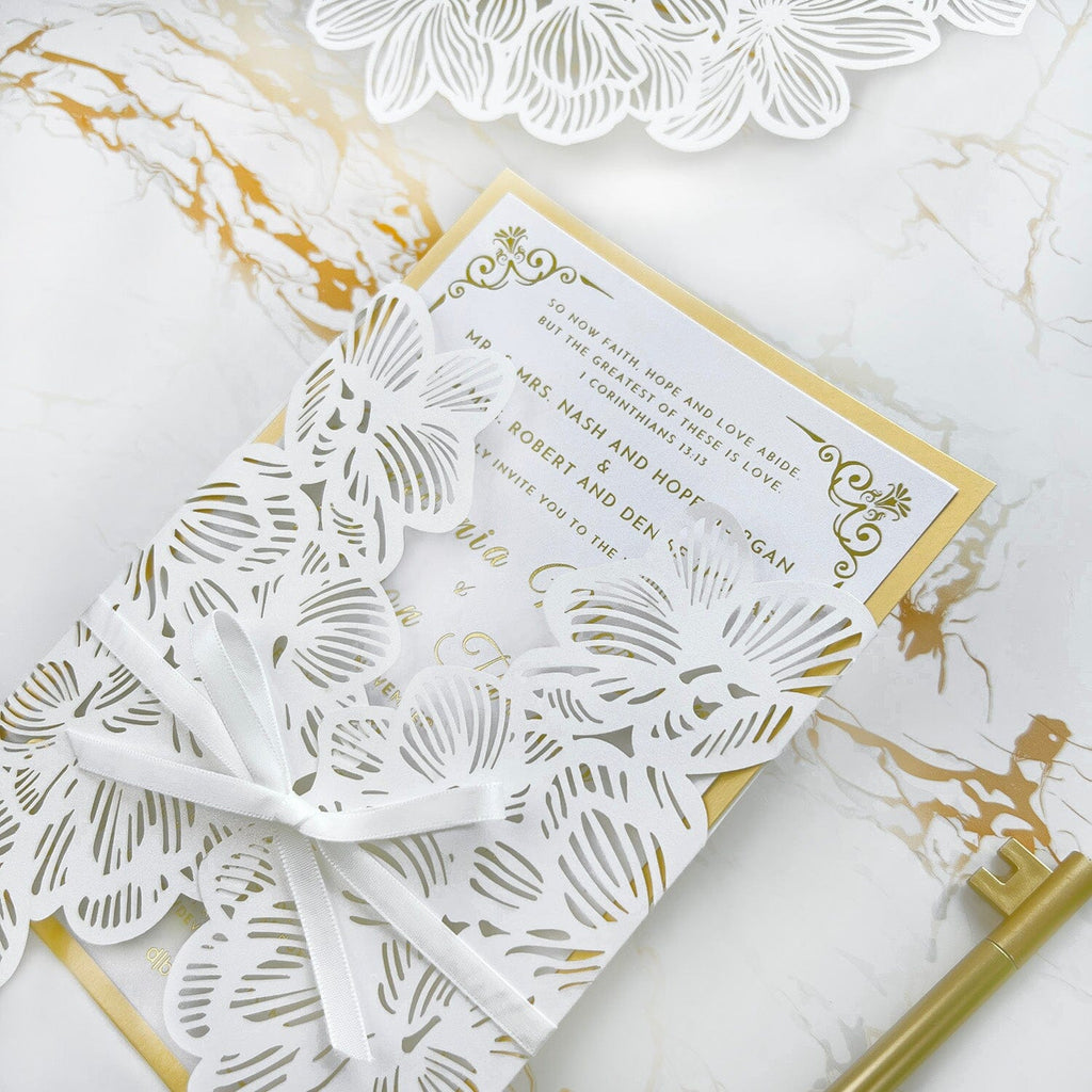 Luxury Gold and White Floral Wedding Invitations, Elegant Botanical Lace Laser Cut Covers and Double-layer Cards Invites Wedding Ceremony Supplies Picky Bride