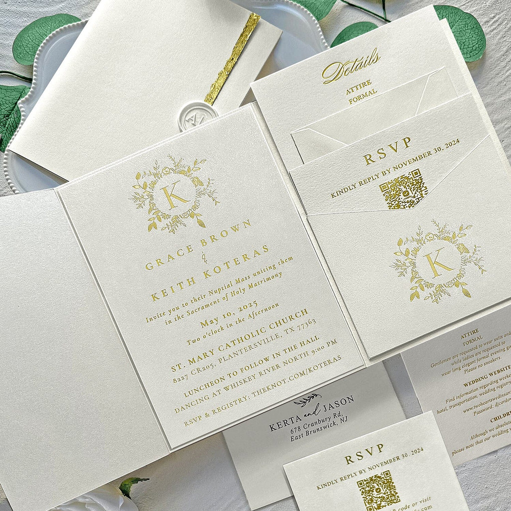 Luxury Gold Foil Pocket Wedding Invitation Set, Elegant Ivory and Gold Edge Trifold Invites, Personalized Gold Monogram and Wax Seal, QR Code RSVP Wedding Ceremony Supplies Picky Bride