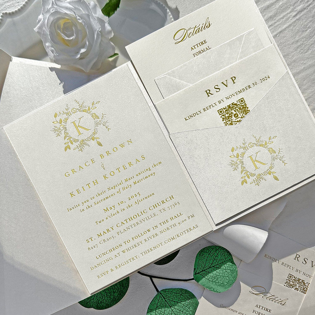 Luxury Gold Foil Pocket Wedding Invitation Set, Elegant Ivory and Gold Edge Trifold Invites, Personalized Gold Monogram and Wax Seal, QR Code RSVP Wedding Ceremony Supplies Picky Bride