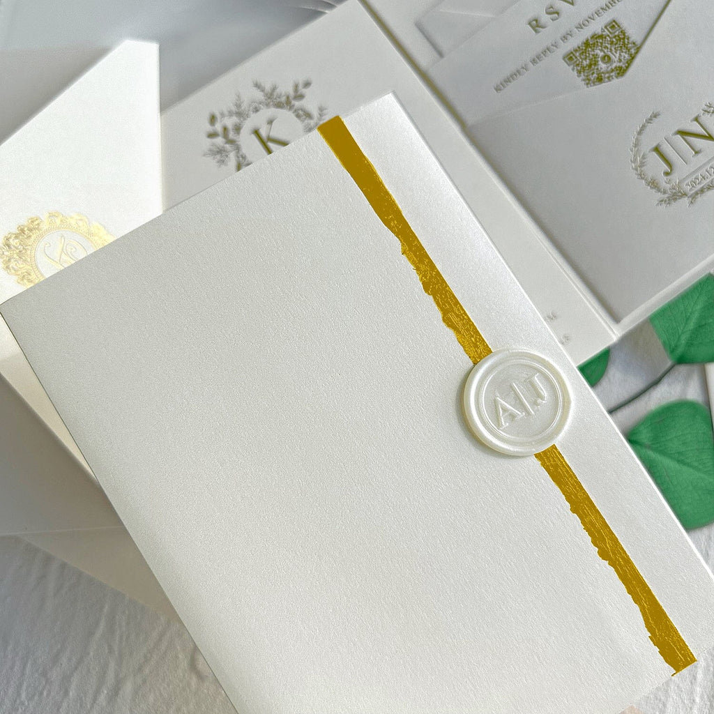 Luxury Gold Foil Pocket Wedding Invitation Set, Elegant Ivory and Gold Edge Trifold Invites, Personalized Gold Monogram and Wax Seal, QR Code RSVP Wedding Ceremony Supplies Picky Bride