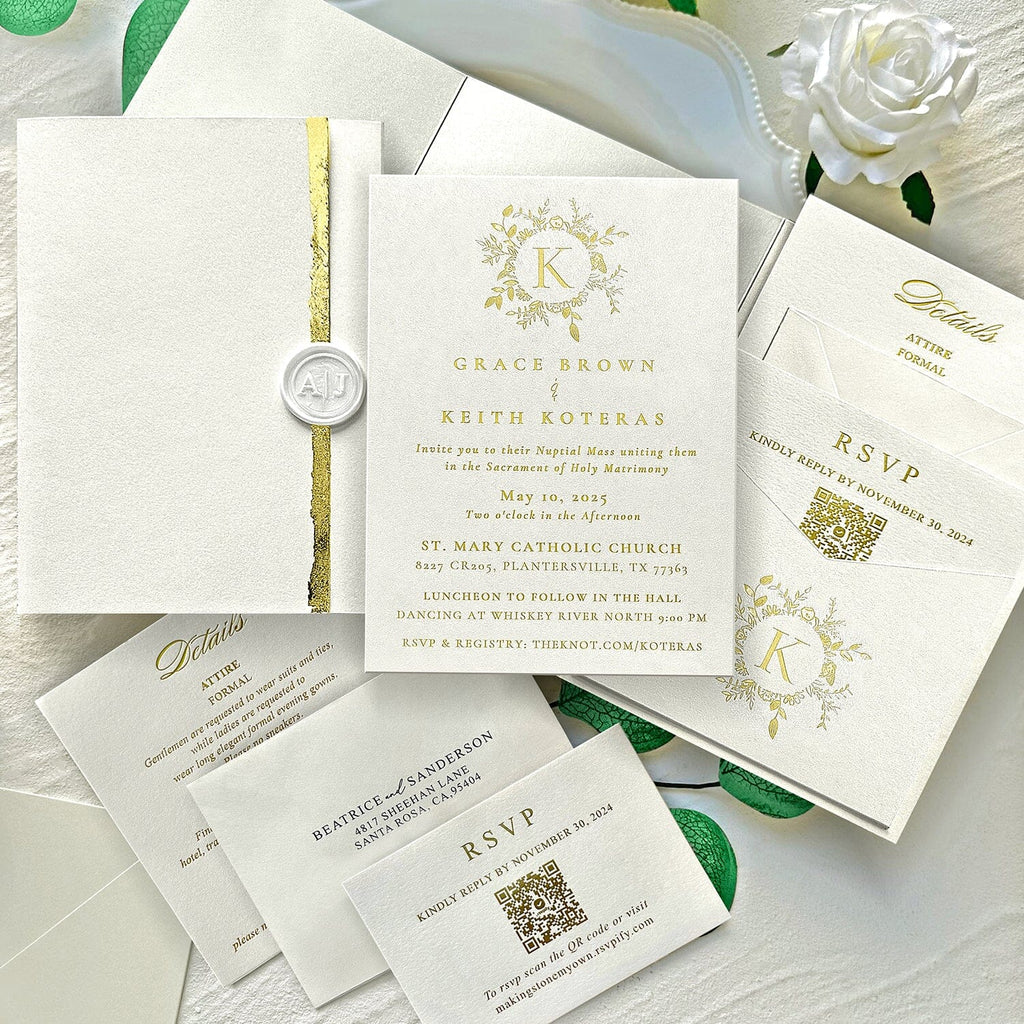 Luxury Gold Foil Pocket Wedding Invitation Set, Elegant Ivory and Gold Edge Trifold Invites, Personalized Gold Monogram and Wax Seal, QR Code RSVP Wedding Ceremony Supplies Picky Bride