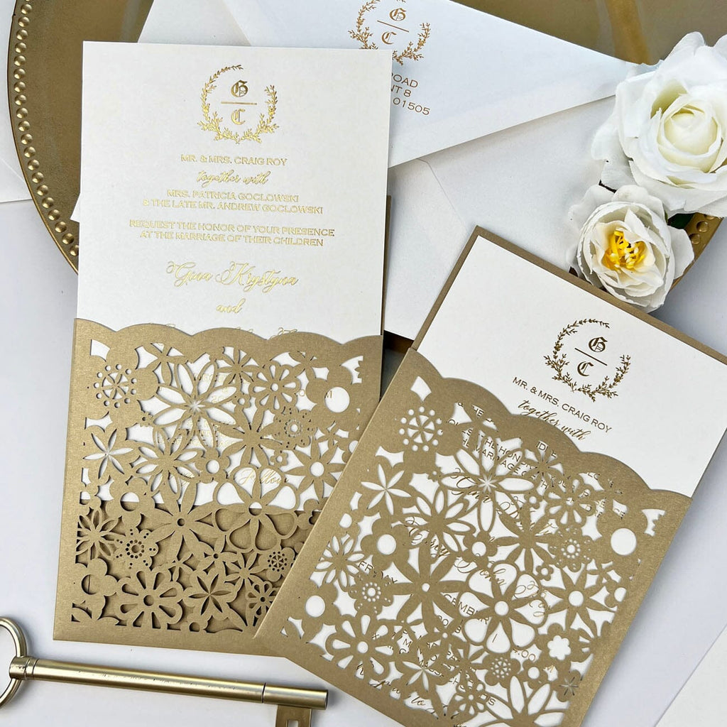 Luxury Gold Foil Wedding Invitations, Golden Laser Cut Wedding Invites, Printing Envelopes Wedding Ceremony Supplies Picky Bride
