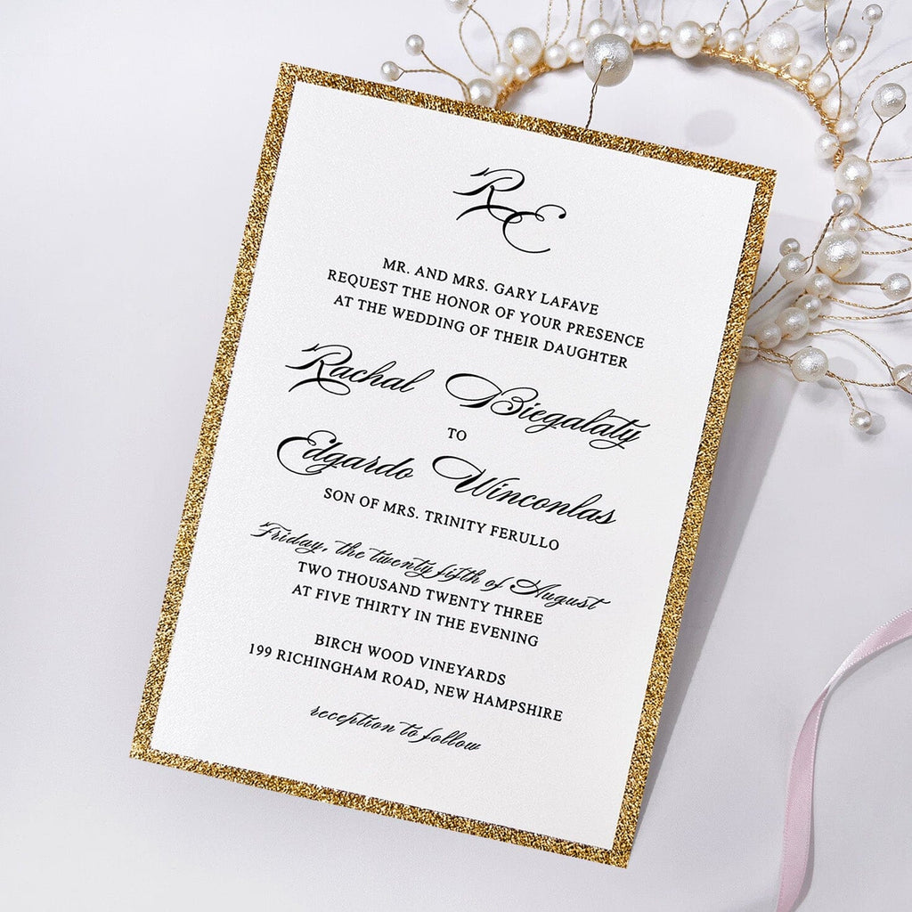 Luxury Gold Glitter and Pink Wedding Invitation, Modern Glam Double-layer Invites, Romantic Pink Ribbon and Envelopes, Customized Matched Cards Wedding Ceremony Supplies Picky Bride