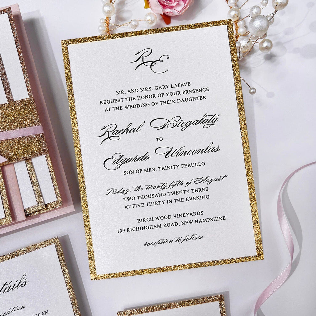 Luxury Gold Glitter and Pink Wedding Invitation, Modern Glam Double-layer Invites, Romantic Pink Ribbon and Envelopes, Customized Matched Cards Wedding Ceremony Supplies Picky Bride