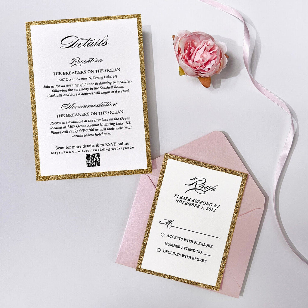 Luxury Gold Glitter and Pink Wedding Invitation, Modern Glam Double-layer Invites, Romantic Pink Ribbon and Envelopes, Customized Matched Cards Wedding Ceremony Supplies Picky Bride