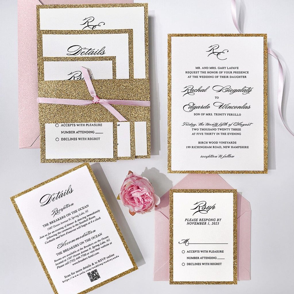 Luxury Gold Glitter and Pink Wedding Invitation, Modern Glam Double-layer Invites, Romantic Pink Ribbon and Envelopes, Customized Matched Cards Wedding Ceremony Supplies Picky Bride