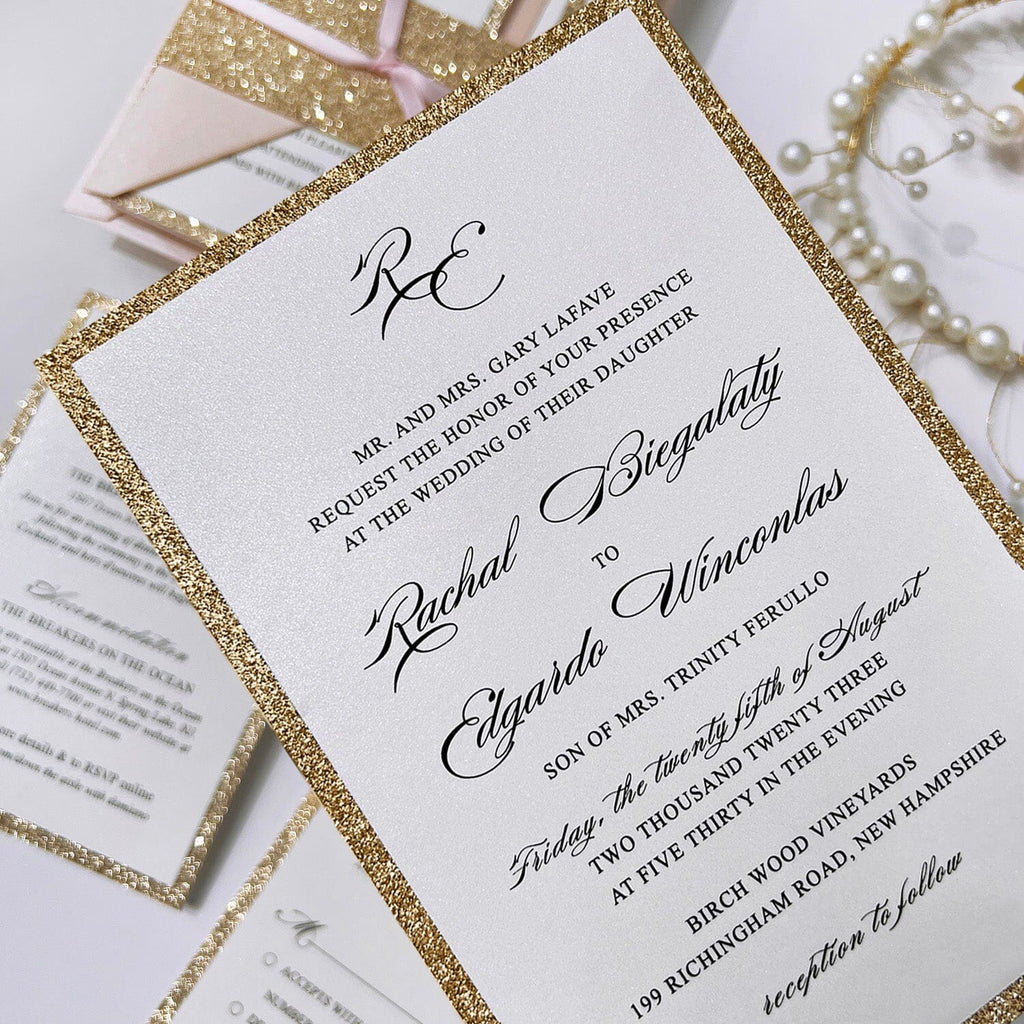 Luxury Gold Glitter and Pink Wedding Invitation, Modern Glam Double-layer Invites, Romantic Pink Ribbon and Envelopes, Customized Matched Cards Wedding Ceremony Supplies Picky Bride
