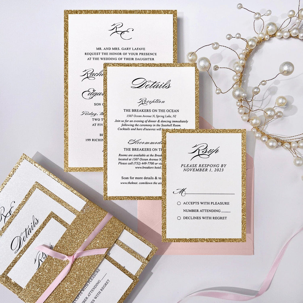 Luxury Gold Glitter and Pink Wedding Invitation, Modern Glam Double-layer Invites, Romantic Pink Ribbon and Envelopes, Customized Matched Cards Wedding Ceremony Supplies Picky Bride