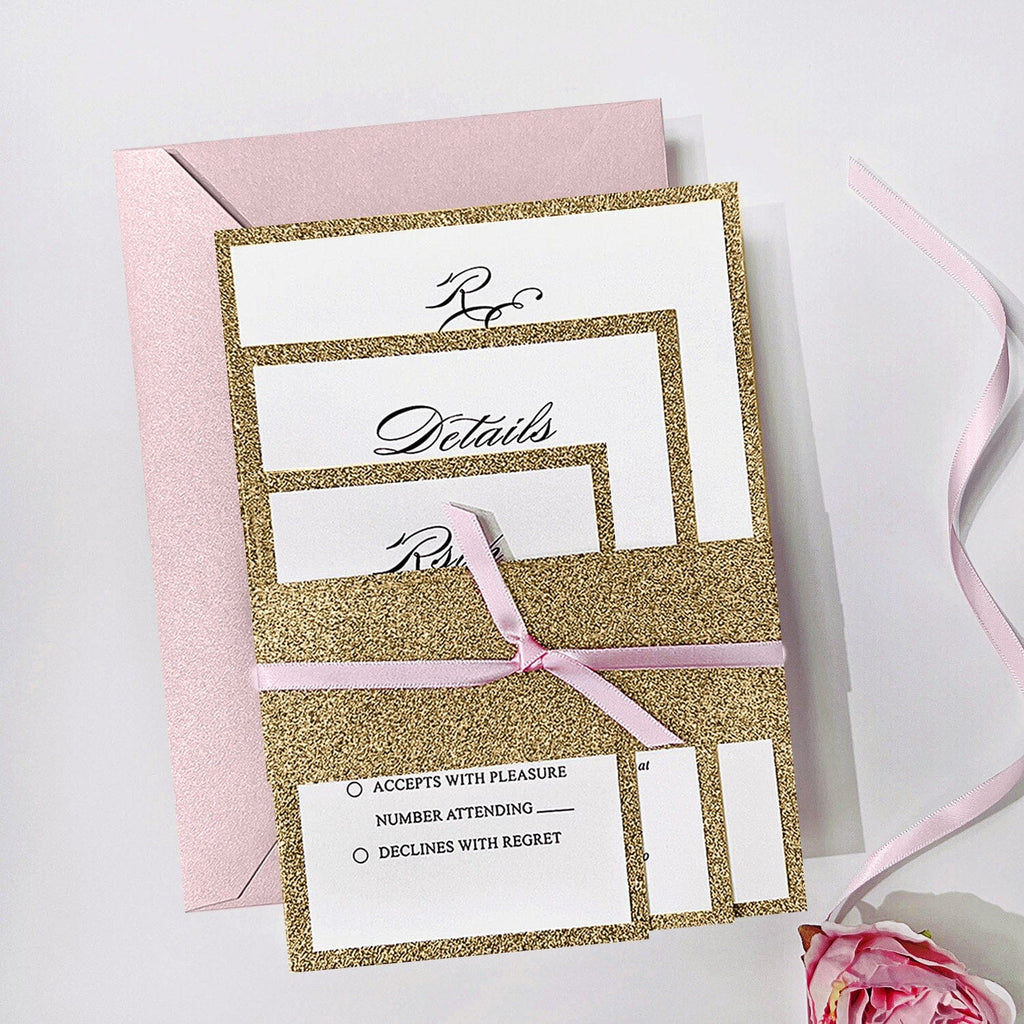 Luxury Gold Glitter and Pink Wedding Invitation, Modern Glam Double-layer Invites, Romantic Pink Ribbon and Envelopes, Customized Matched Cards Wedding Ceremony Supplies Picky Bride