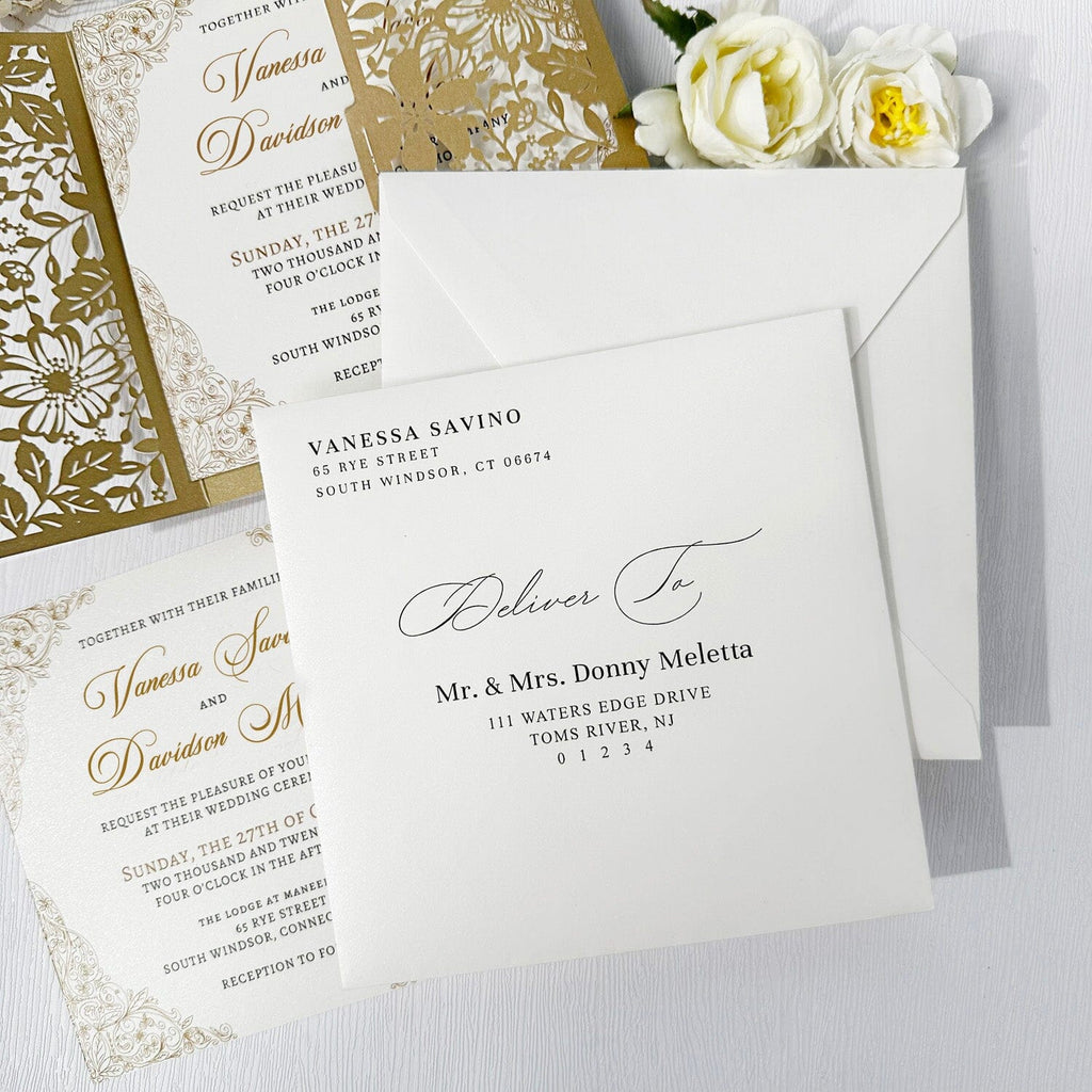 Luxury Gold Laser Cut Wedding Invitation Set, Golden Floral Invitations with Bellyband Wedding Ceremony Supplies Picky Bride