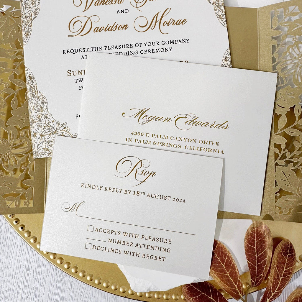 Luxury Gold Laser Cut Wedding Invitation Set, Golden Floral Invitations with Bellyband Wedding Ceremony Supplies Picky Bride