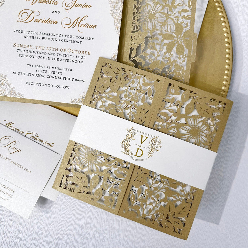 Luxury Gold Laser Cut Wedding Invitation Set, Golden Floral Invitations with Bellyband Wedding Ceremony Supplies Picky Bride Invitation 30 x $2.8 ea.