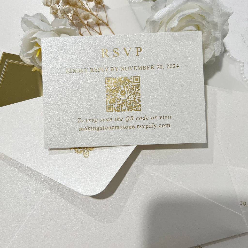 Luxury Gold Mirror Wedding Invitation Set, Elegant Botanical and Gold Foil Pocket Invites, Mirror Acrylic Wedding Invitations with Personalized Monogram, QR Code RSVP Wedding Ceremony Supplies Picky Bride