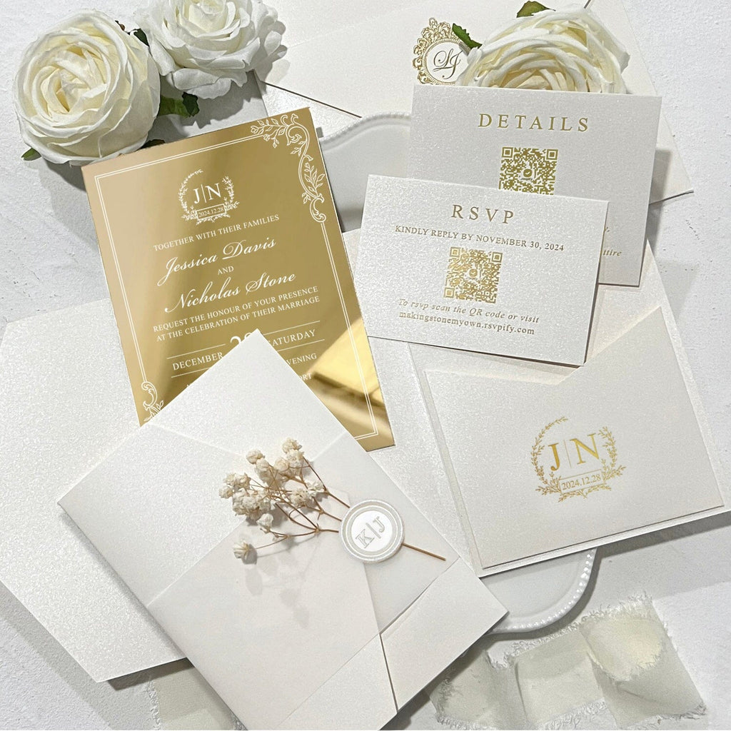 Luxury Gold Mirror Wedding Invitation Set, Elegant Botanical and Gold Foil Pocket Invites, Mirror Acrylic Wedding Invitations with Personalized Monogram, QR Code RSVP Wedding Ceremony Supplies Picky Bride