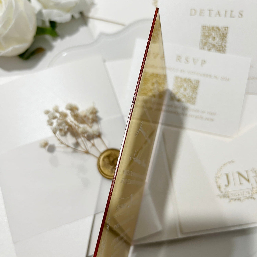 Luxury Gold Mirror Wedding Invitation Set, Elegant Botanical and Gold Foil Pocket Invites, Mirror Acrylic Wedding Invitations with Personalized Monogram, QR Code RSVP Wedding Ceremony Supplies Picky Bride