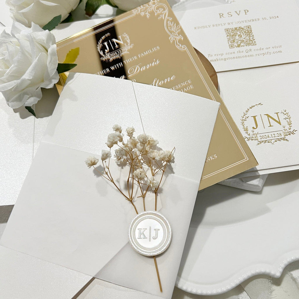 Luxury Gold Mirror Wedding Invitation Set, Elegant Botanical and Gold Foil Pocket Invites, Mirror Acrylic Wedding Invitations with Personalized Monogram, QR Code RSVP Wedding Ceremony Supplies Picky Bride