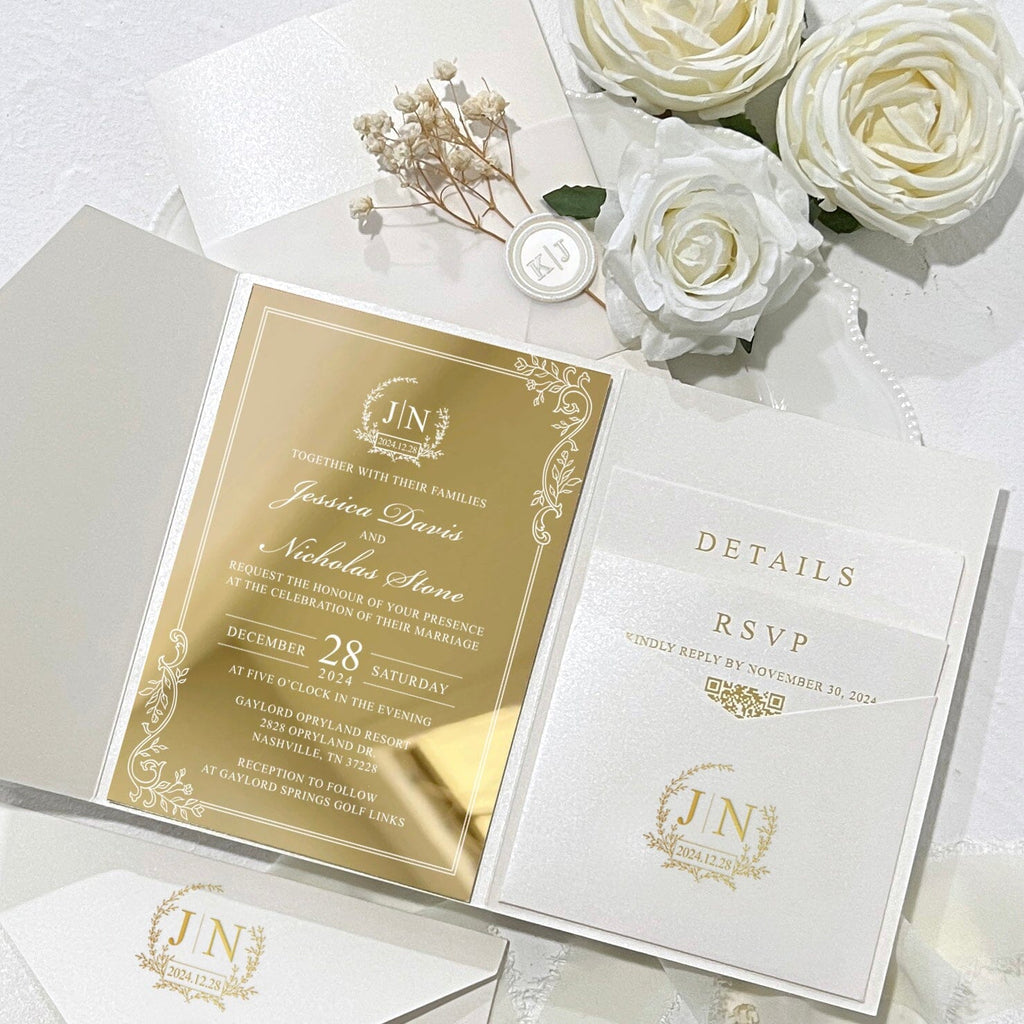Luxury Gold Mirror Wedding Invitation Set, Elegant Botanical and Gold Foil Pocket Invites, Mirror Acrylic Wedding Invitations with Personalized Monogram, QR Code RSVP Wedding Ceremony Supplies Picky Bride