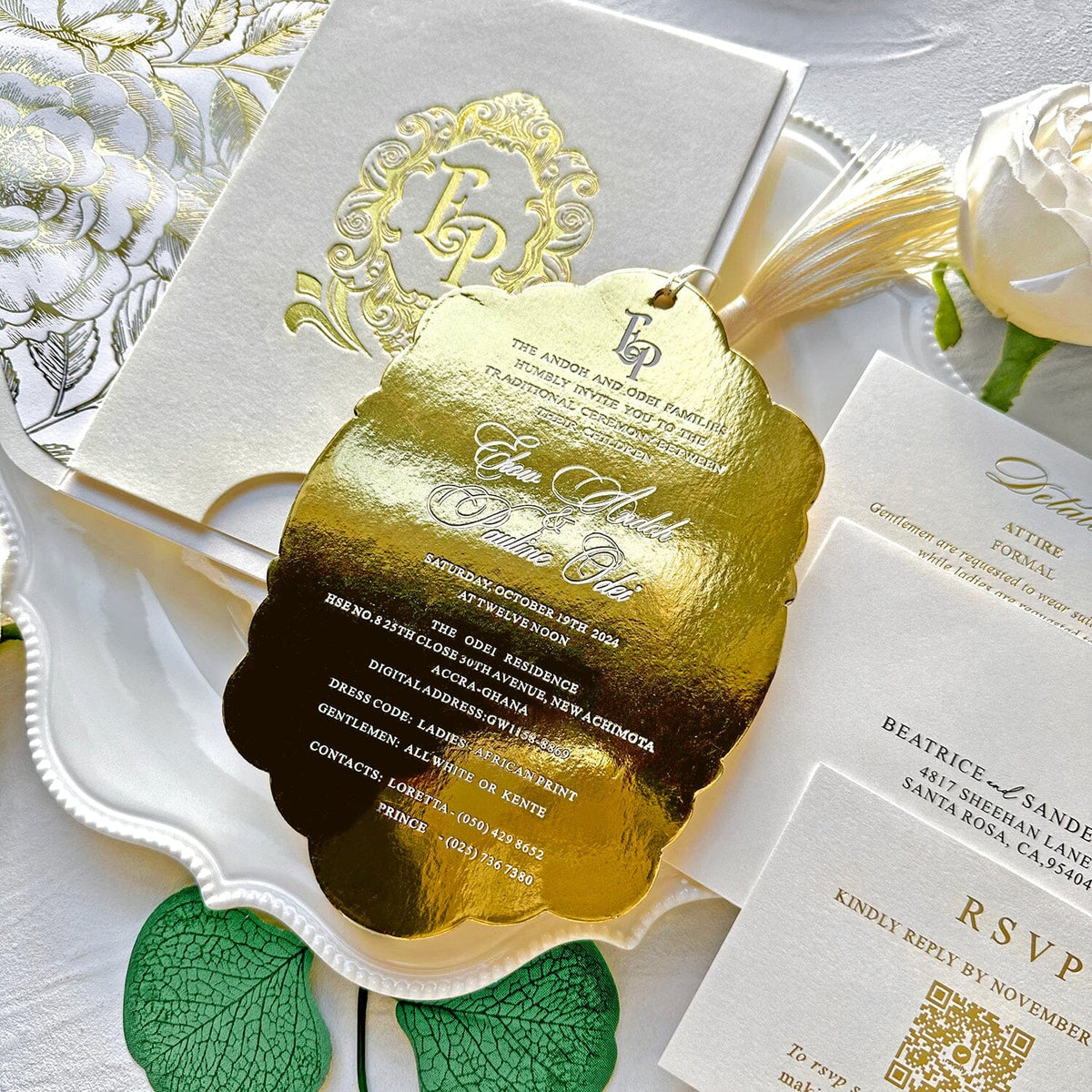 Luxury Gold Velvet Wedding Invitations, Elegant Ivory Pocket and Gold
