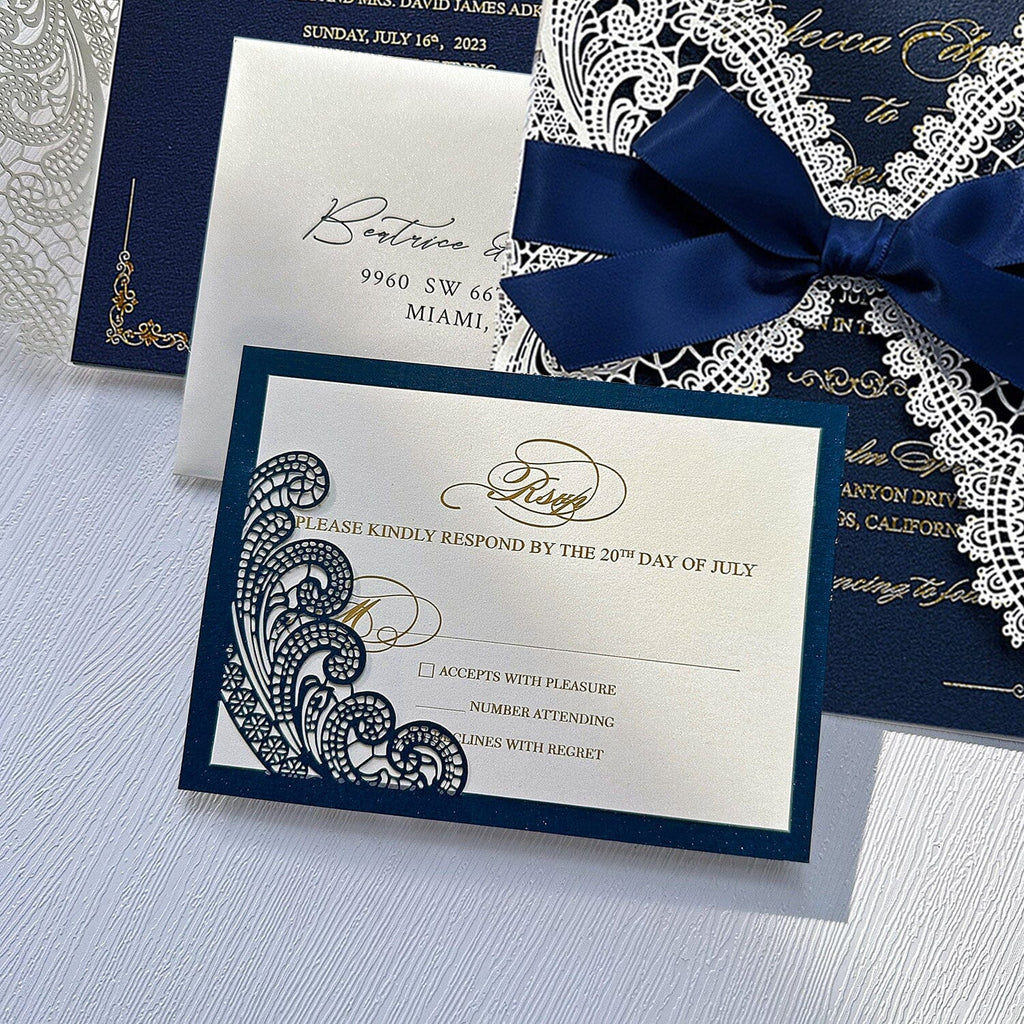 Luxury Navy and Gold Foil Wedding Invitation, Elegant Lace Laser Cut Covers Invites with RSVP Cards and Addressing Envelopes Wedding Ceremony Supplies Picky Bride