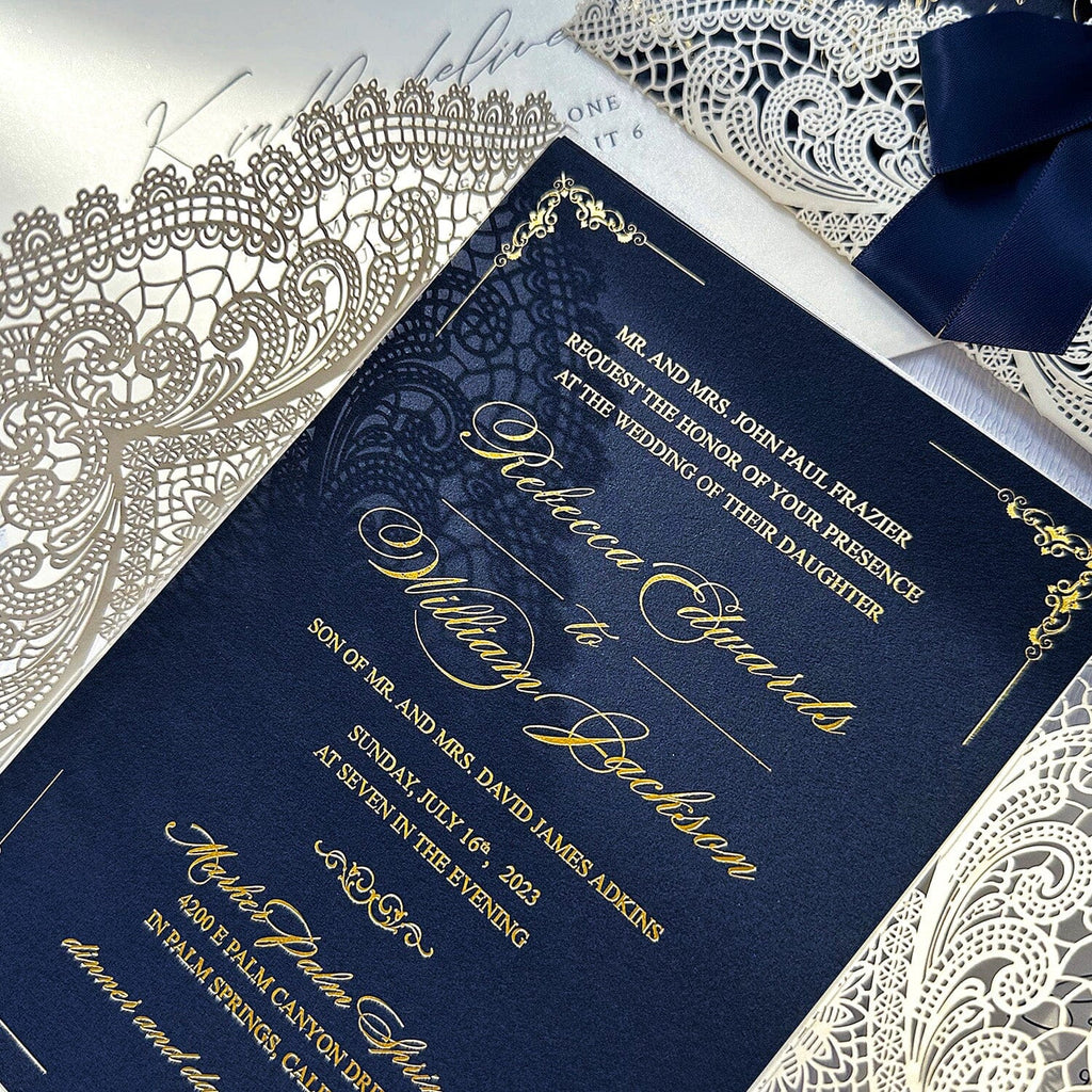 Luxury Navy and Gold Foil Wedding Invitation, Elegant Lace Laser Cut Covers Invites with RSVP Cards and Addressing Envelopes Wedding Ceremony Supplies Picky Bride
