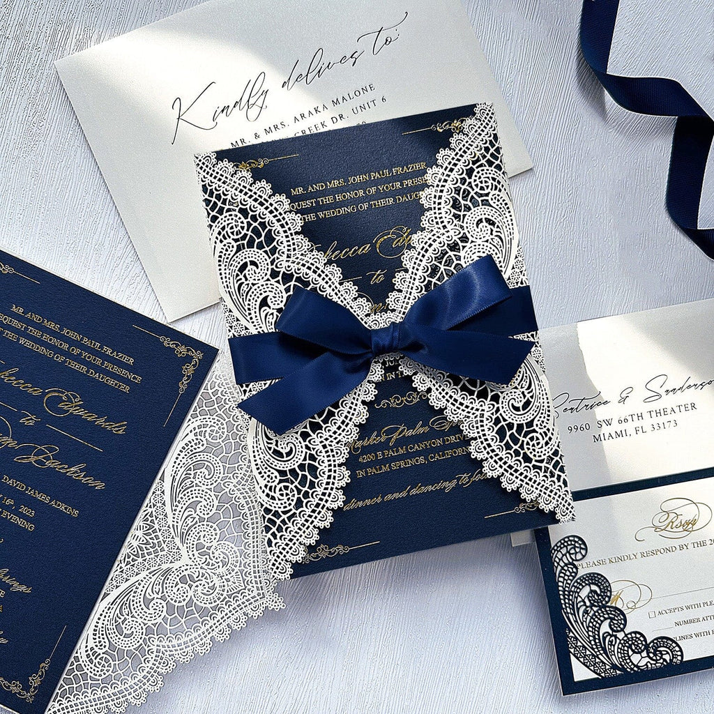 Luxury Navy and Gold Foil Wedding Invitation, Elegant Lace Laser Cut Covers Invites with RSVP Cards and Addressing Envelopes Wedding Ceremony Supplies Picky Bride