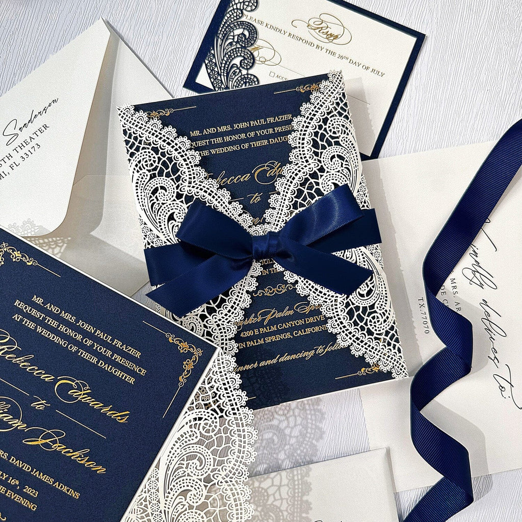 Luxury Navy and Gold Foil Wedding Invitation, Elegant Lace Laser Cut Covers Invites with RSVP Cards and Addressing Envelopes Wedding Ceremony Supplies Picky Bride