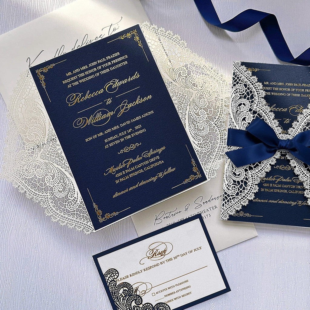 Luxury Navy and Gold Foil Wedding Invitation, Elegant Lace Laser Cut Covers Invites with RSVP Cards and Addressing Envelopes Wedding Ceremony Supplies Picky Bride