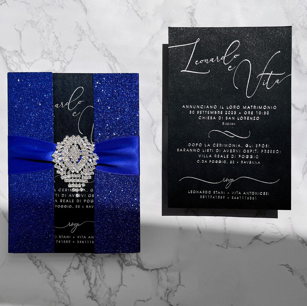 Luxury Navy Glitter Wedding Invitations, Vintage Blue and Silver Foil Invites with Diamond, Elegant Black Boxed Invitation Picky Bride
