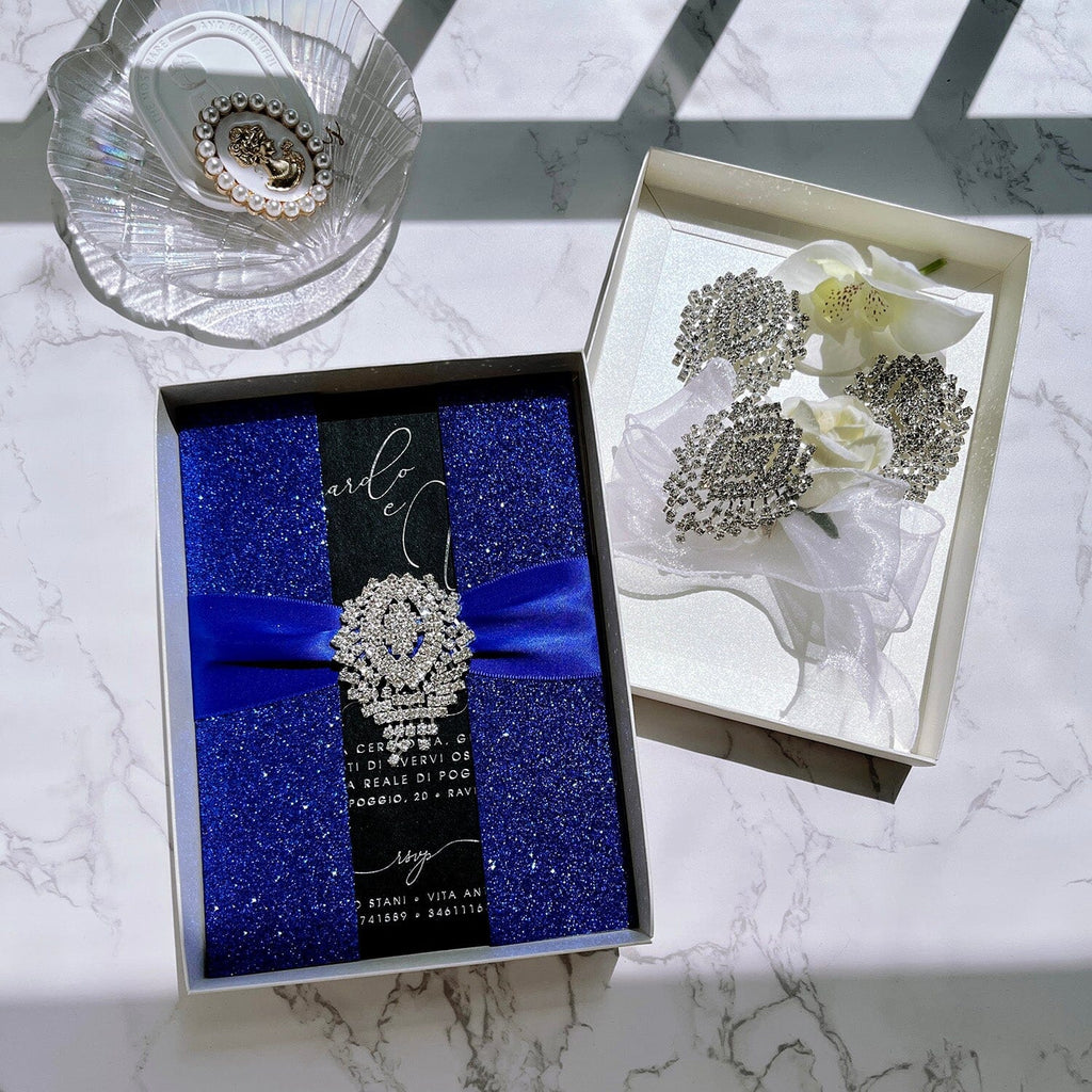 Luxury Navy Glitter Wedding Invitations, Vintage Blue and Silver Foil Invites with Diamond, Elegant Black Boxed Invitation Picky Bride